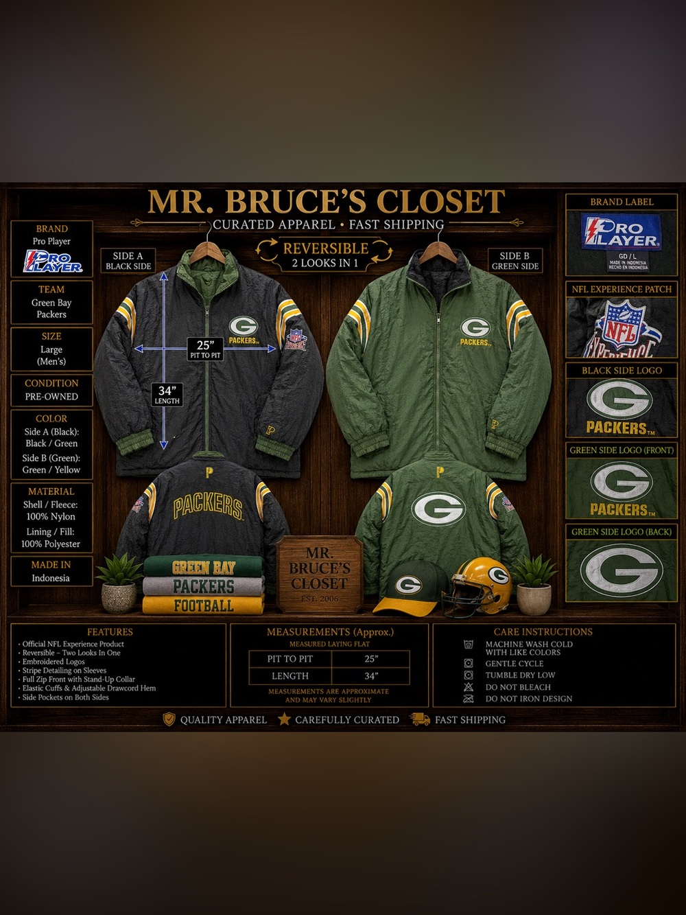 Vintage Green Bay Packers Pro Player Reversible Jacket NFL Experience Men’s L